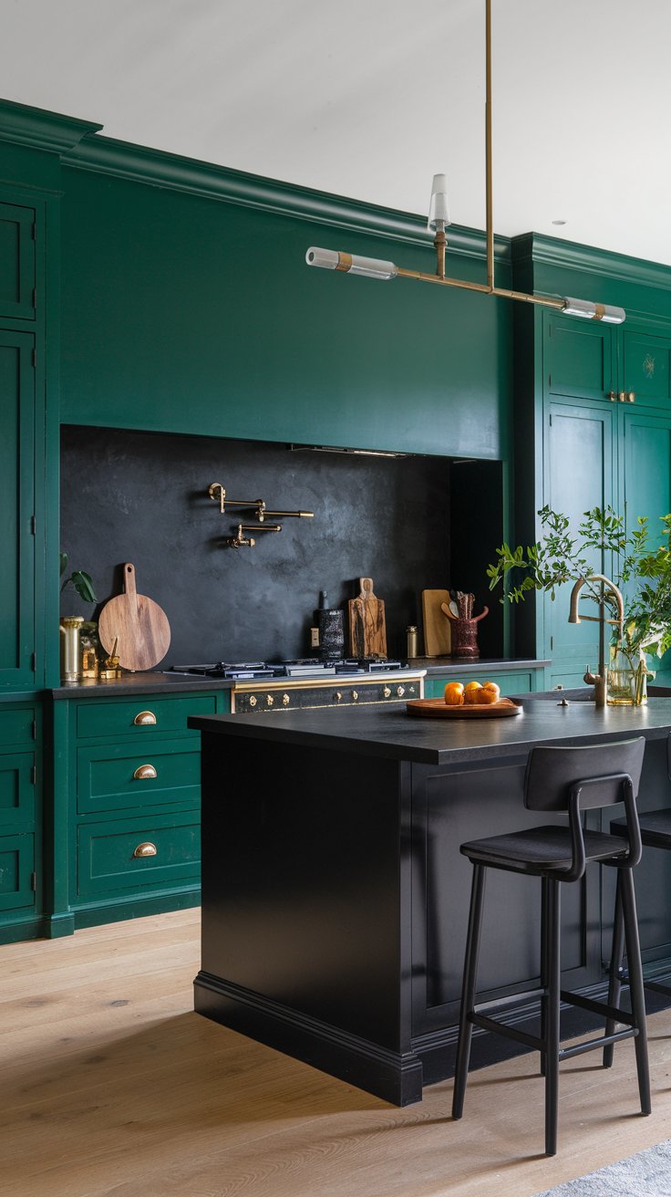 Statement Black Island with Green Cabinetry