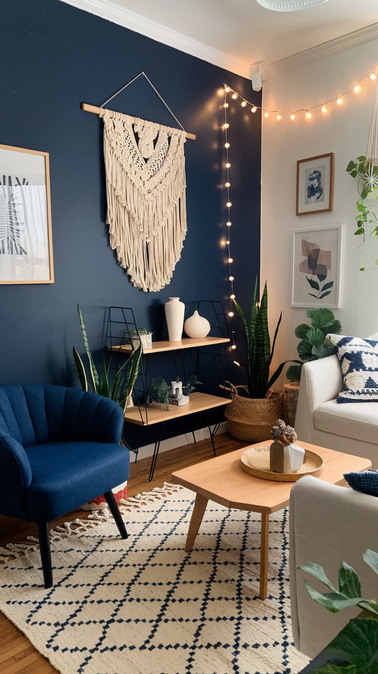 Create a Navy Blue Accent Wall with Macrame Wall Hangings