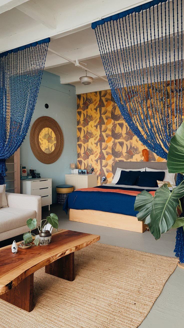 Install Blue Beaded Curtains as Room Dividers