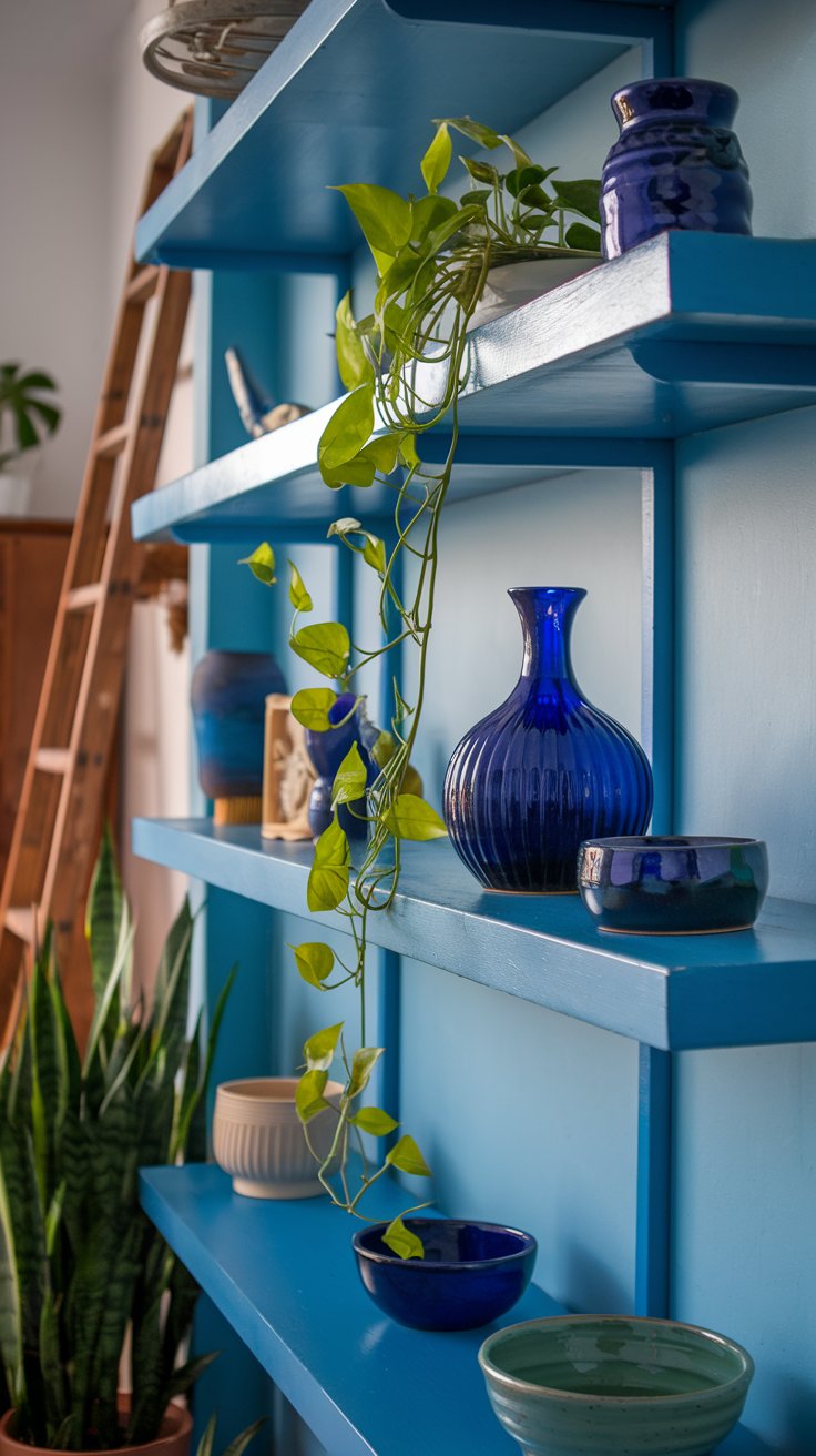 Install Floating Shelves with Blue Ceramic and Pottery Displays