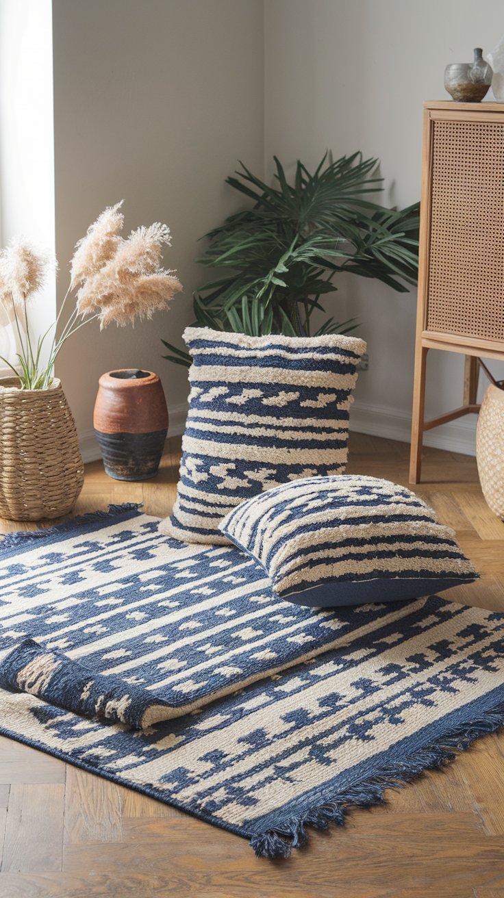 Layer Blue and White Patterned Rugs for Textural Depth