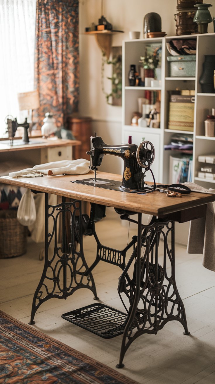 Antique Sewing Machine Table as Your Primary Workspace