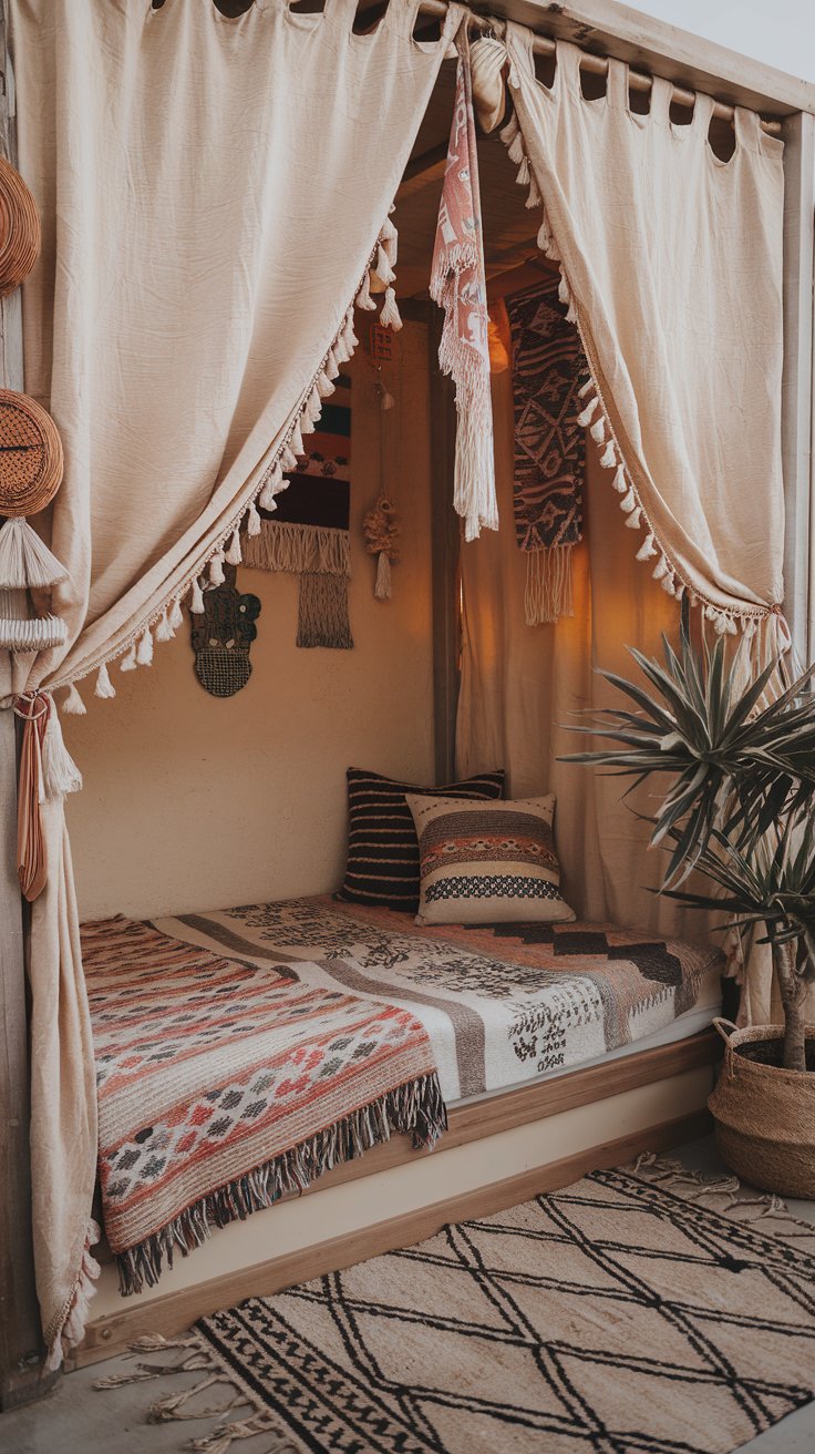 Bohemian Corner Bed with Hanging Textiles