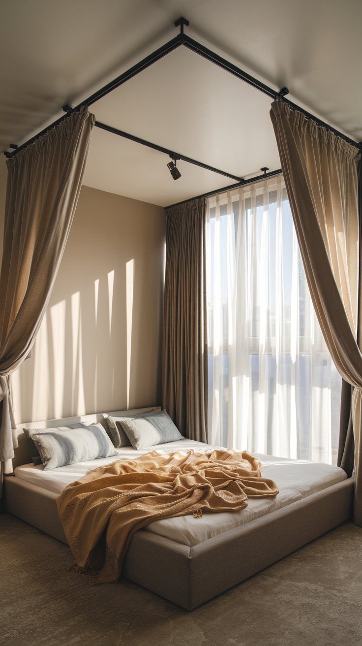 Corner Bed with Ceiling-Mounted Curtain System