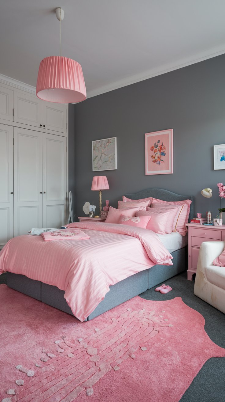Grey Bedroom with Pink Bedding and Accessories
