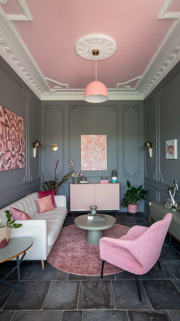 Grey Walls with Pink Statement Ceiling