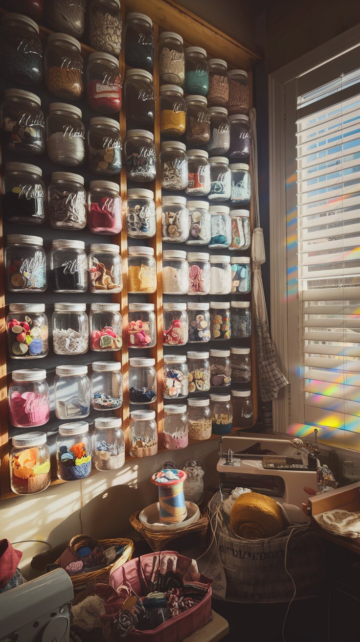 Mason Jar Storage Wall for Small Supplies