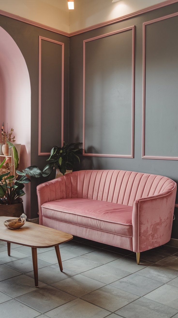 Pink Velvet Sofa in Grey Living Room