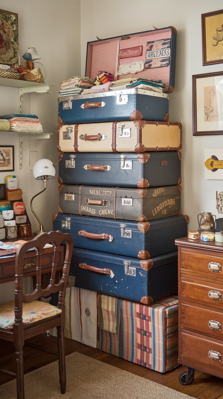 Repurposed Vintage Suitcase Storage