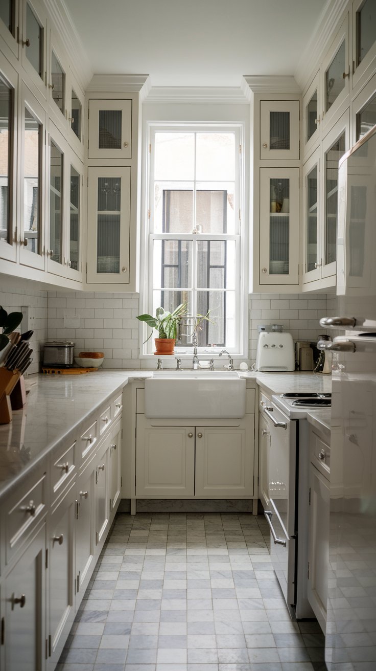 White Dove Cabinets in Small Galley Kitchen