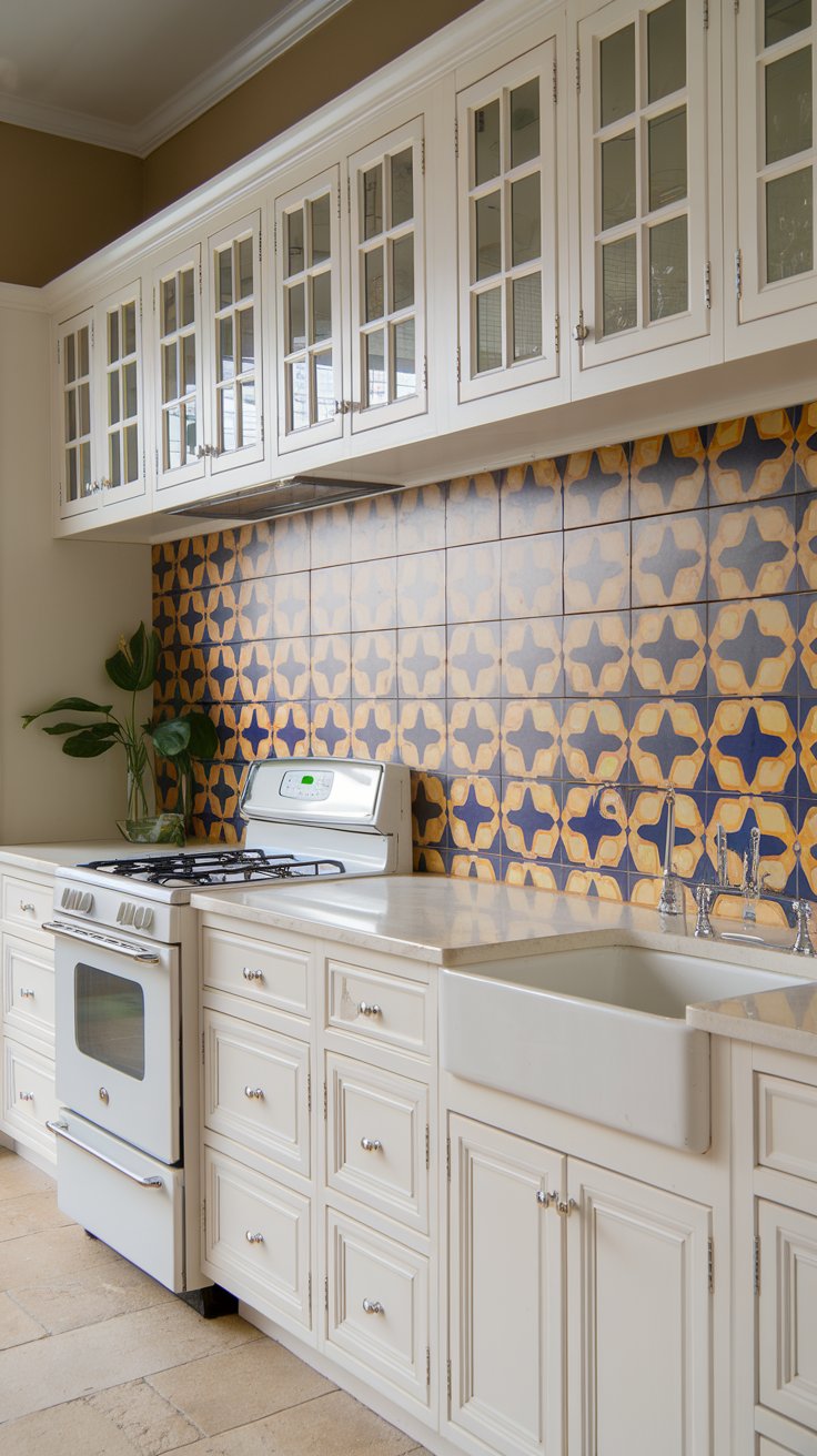 White Dove Cabinets with Bold Backsplash